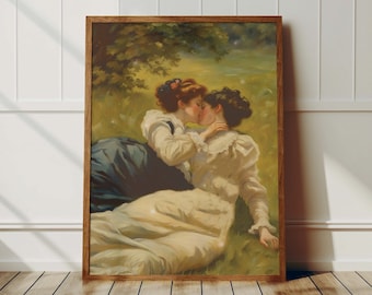 Sapphic Kissing Art Print: Vintage Lesbian Couple Poster