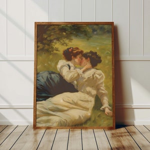 Arte mural de chicas sáficas besándose: póster retro lésbico, impresión romántica de pareja queer, arte LGBTQ, arte mural lésbico vintage