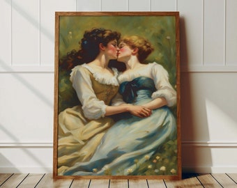 May include: A painting of two women in long dresses kissing in a field of flowers. The woman on the left is wearing a yellow dress and the woman on the right is wearing a blue dress.