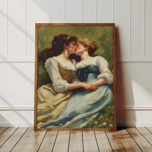 Sapphic Mädchen küssend Poster - Lesbische Vintage Druck, romantisches Queer Paar, LGBTQ Druck, Vintage Queer Wandkunst