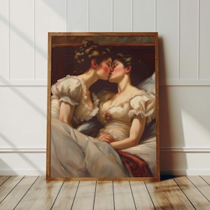 Sapphische viktorianische Mädchen im Bett Wandkunst - Lesbischer Retro-Druck, romantisches Queer Paar, LGBTQ-Druck, Vintage Sapphic, Renaissance Queer Poster