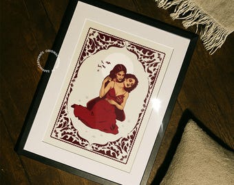 Lesbische Vampirin Gothic Kunstdruck: Sapphic Halloween Dekoration