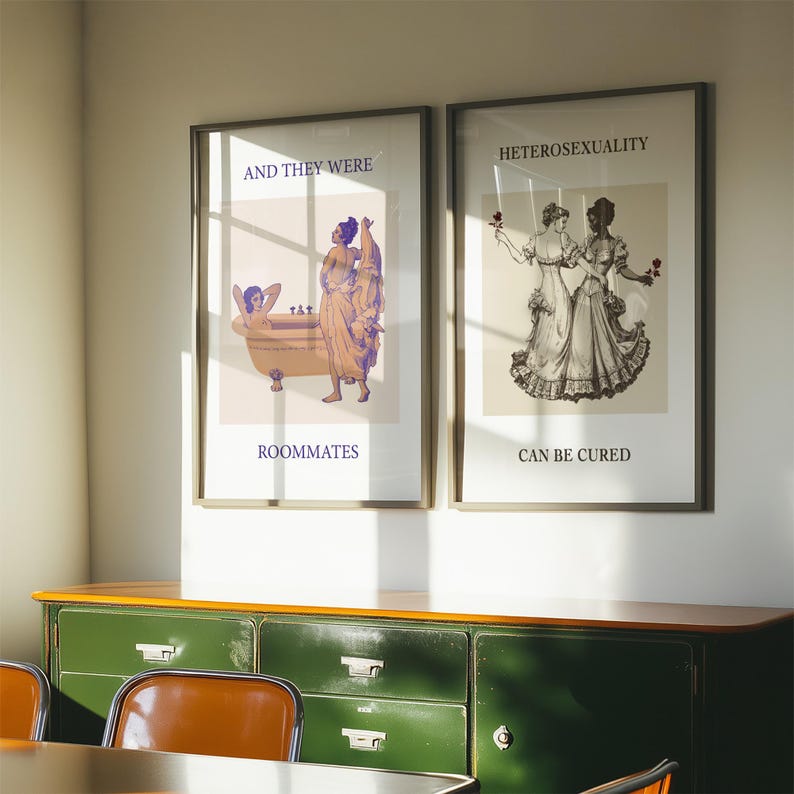 An illustrated poster featuring a woman lying in a bathtub, while another woman undresses to join her, with the text 'AND THEY WERE ROOMMATES'.