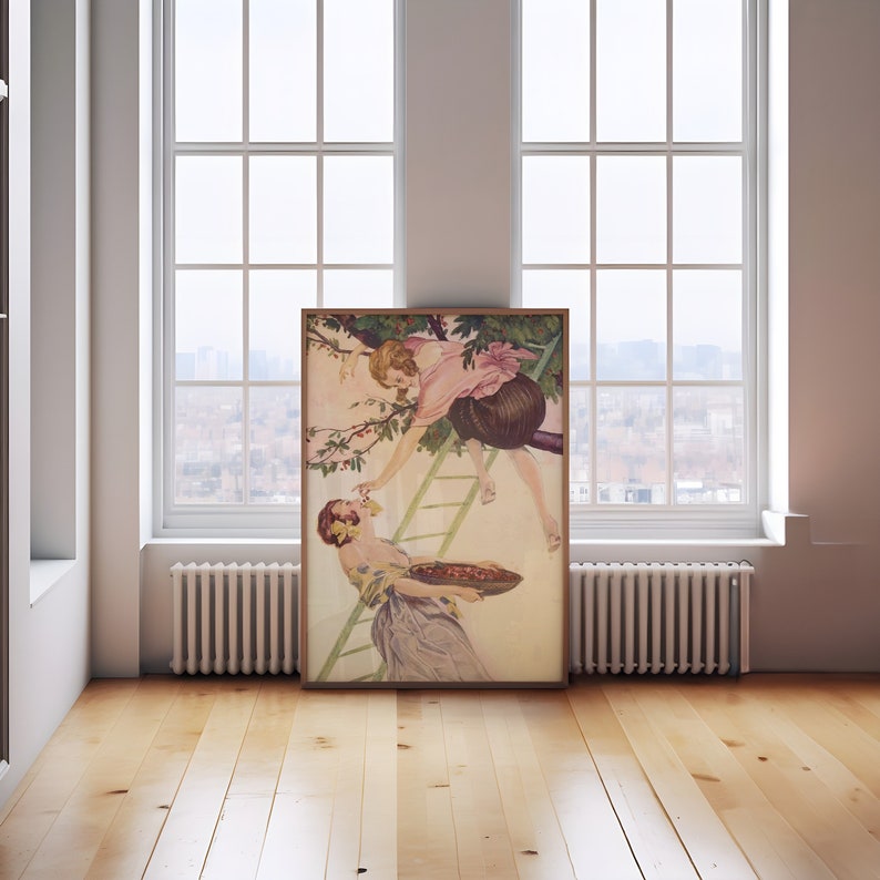 A sapphic poster with a women in a tree picking cherries, feeding it to another woman.