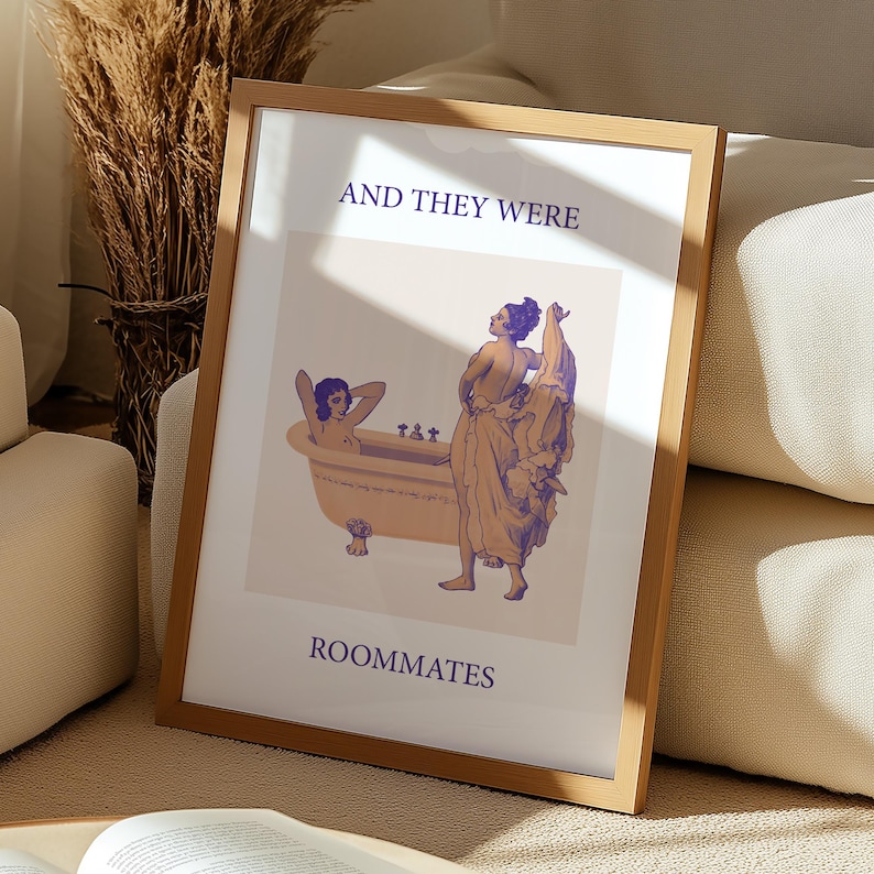 An illustrated poster featuring a woman lying in a bathtub, while another woman undresses to join her, with the text 'AND THEY WERE ROOMMATES'.