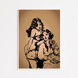 Arte de pared vintage de pareja sáfica: carteles lésbicos, impresión retro queer, decoración del hogar lésbico, arte WLW, póster LGBTQIA, impresión ilustrada sáfica