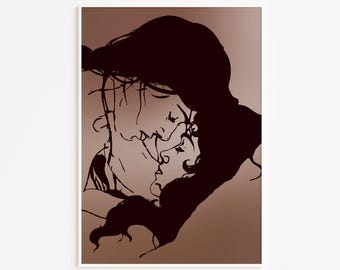 May include: A black and white illustration of two people embracing and kissing. The image is set against a brown background.