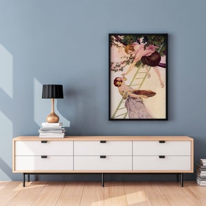A sapphic poster with a women in a tree picking cherries, feeding it to another woman.