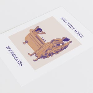 An illustrated poster featuring a woman lying in a bathtub, while another woman undresses to join her, with the text 'AND THEY WERE ROOMMATES'.