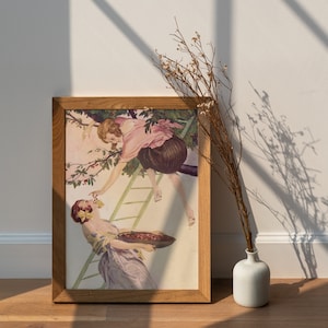 A sapphic poster with a women in a tree picking cherries, feeding it to another woman.