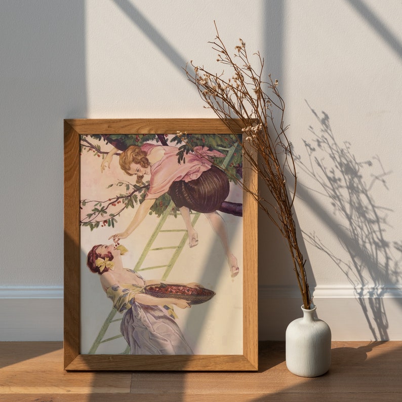 A sapphic poster with a women in a tree picking cherries, feeding it to another woman.