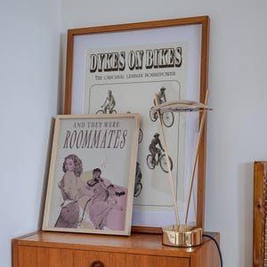 A framed print with two ladies in a romantic pose, with the text 'and they were roommates'.