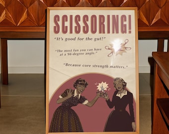Fun Vintage Sapphic Art Print: Scissoring! - Lesbian Home Decor