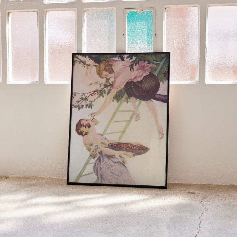 A sapphic poster with a women in a tree picking cherries, feeding it to another woman.