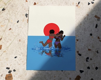 Lámina artística romántica de verano con puesta de sol sobre el océano para amantes lesbianas: Póster sáfico LGBTQIA+