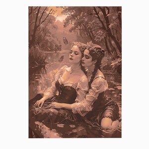A lesbian victorian couple in a lake, hugging.