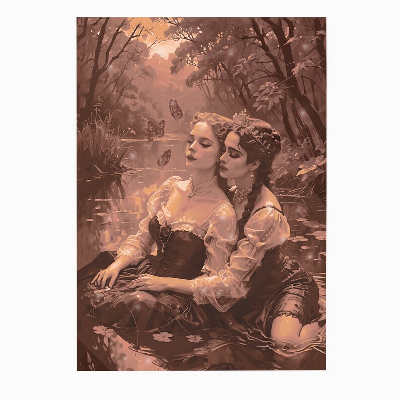 A lesbian victorian couple in a lake, hugging.