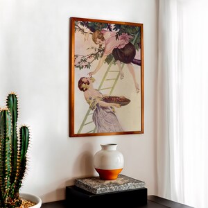 A sapphic poster with a women in a tree picking cherries, feeding it to another woman.