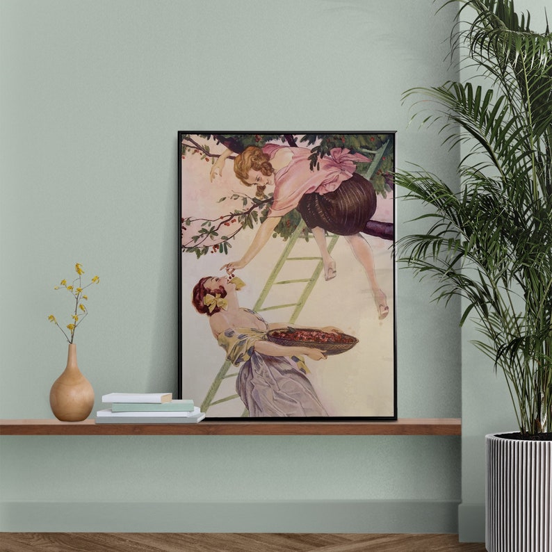 A sapphic poster with a women in a tree picking cherries, feeding it to another woman.