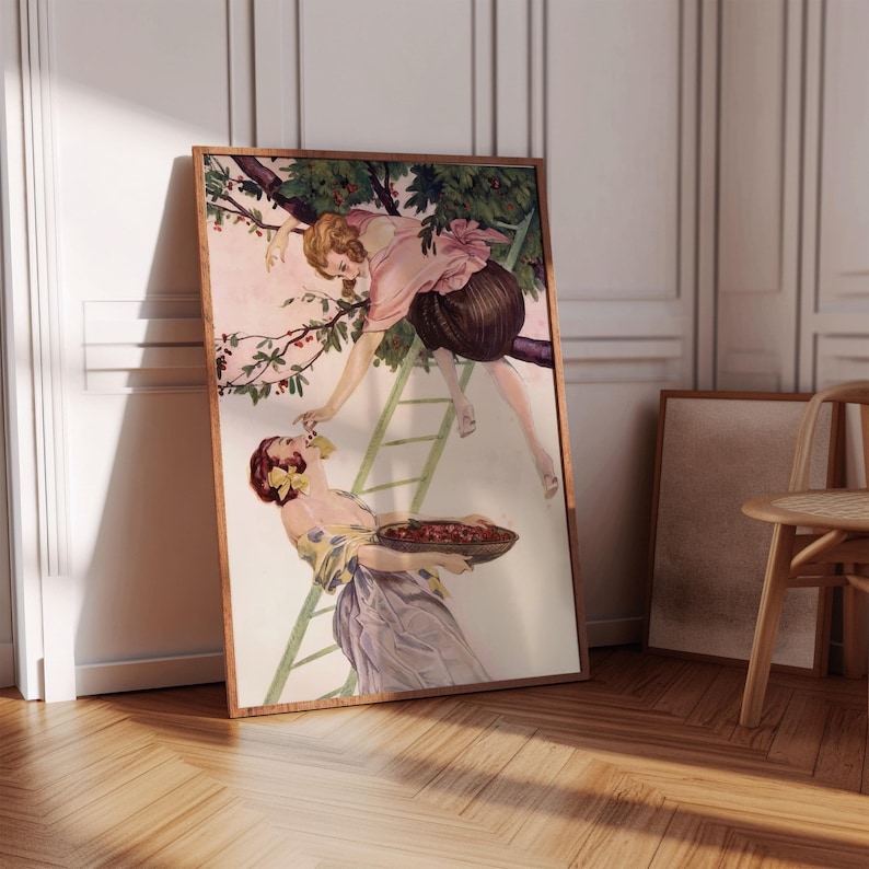 A sapphic poster with a women in a tree picking cherries, feeding it to another woman.