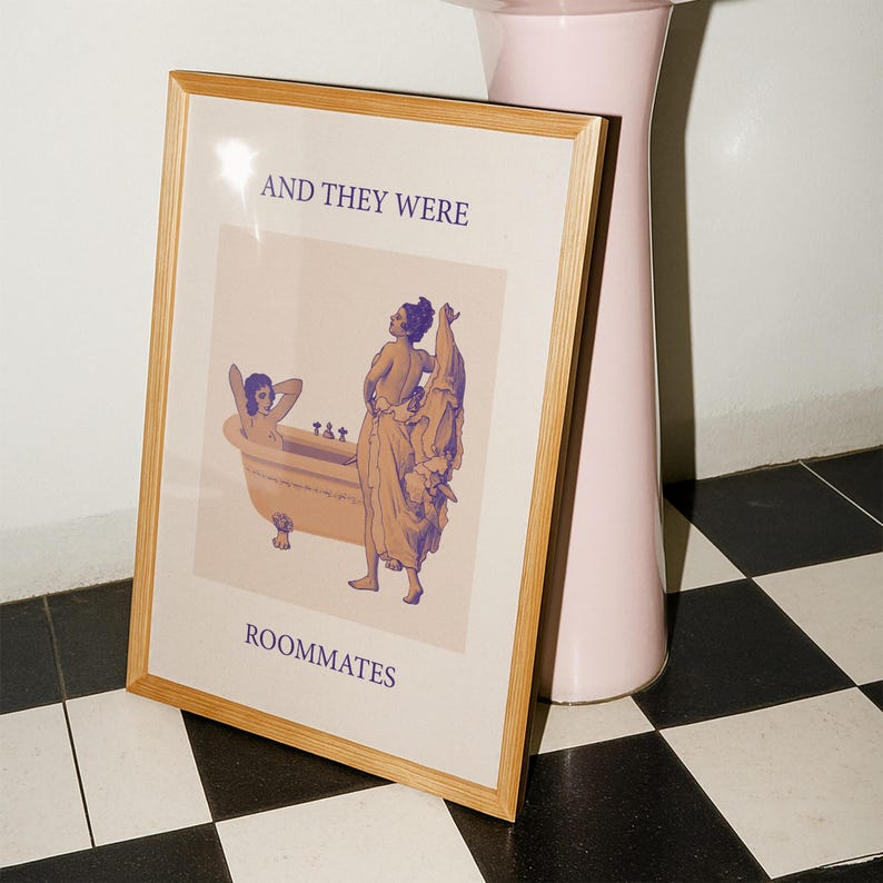 An illustrated poster featuring a woman lying in a bathtub, while another woman undresses to join her, with the text 'AND THEY WERE ROOMMATES'.