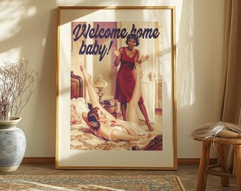 Sapphic Vintage Love, Welcome Home Baby! Afdruk: poster romantisch lesbisch stel