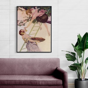A sapphic poster with a women in a tree picking cherries, feeding it to another woman.