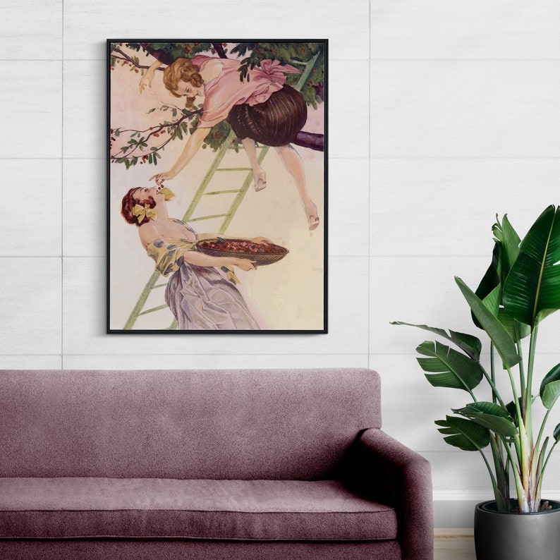 A sapphic poster with a women in a tree picking cherries, feeding it to another woman.