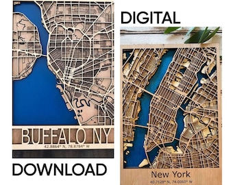 Carte multicouche en bois découpée au laser de la ville de New York et carte Buffalo NY SVG, carte multicouche en bois SVG | Fichier SVG | Téléchargement numérique