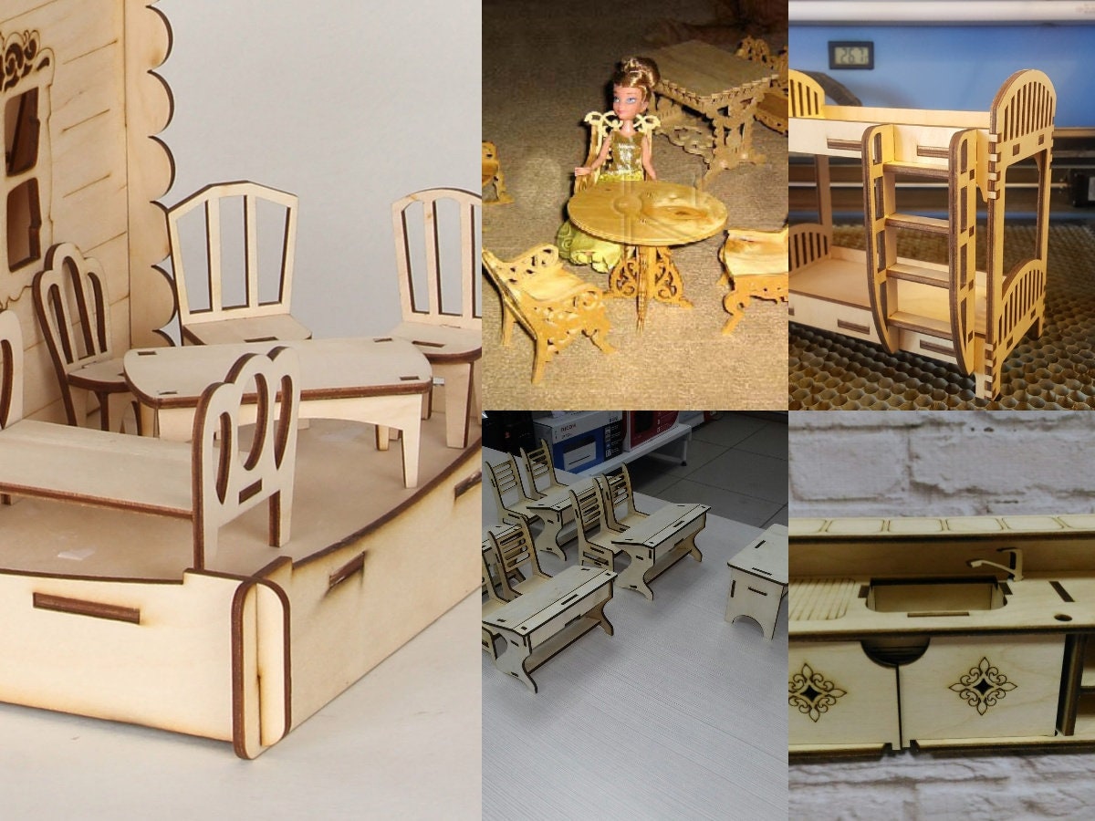 Bundle of Wooden Doll House Furniture Set Laser Cut Doll House Dxf Doll