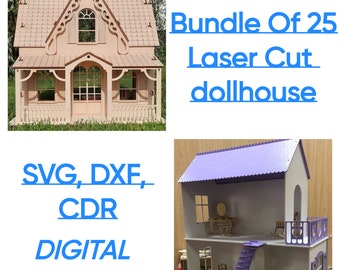 Bundle Of 25 Laser Cut Dollhouse And Set Of 5 Dollhouse Furniture, Kid Dollhouse Svg, Vector File | SVG | CDR | DXF | Digital Download