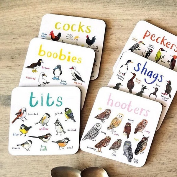 Set of 6-Bird Pun Coasters, Tits bird coaster, fun gift, anniversary, bird watching, bird spotter, twitcher, anniversary Housewarming Gift