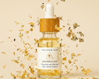 Aceite facial Elixir Dorado / Aceite facial de oro de 24 quilates con argán, rosa mosqueta y bergamota
