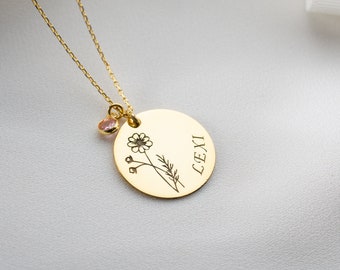 Personalized Birth Flower Necklace, Birthstone Name Necklace, Family Birth Month Pendant, Birth Flower Disc Jewelry,Birthstone Name Necklace