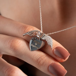 Angel Wings Heart Necklace, Guardian Angel Opening Wings, Name Necklace, Christmas Necklace, Personalized Angel Locket, Heart Name Necklace