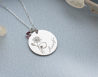 Personalized Birth Flower Necklace, Birthstone Name Necklace, Family Birth Month Pendant, Birth Flower Disc Jewelry,Birthstone Name Necklace