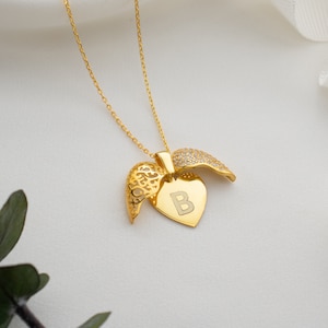 Angel Wings Heart Necklace, Guardian Angel Opening Wings, Name Necklace, Christmas Necklace, Personalized Angel Locket, Heart Name Necklace