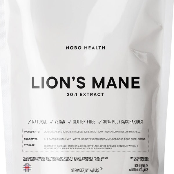 Lion's Mane 20:1 Extract 500mg HPMC Vegan Capsules | 100% PURE | NoBo UK