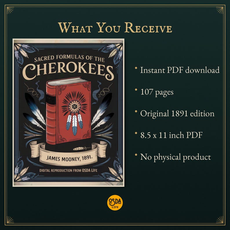 K&ouml;nnte beinhalten: Eine digitale Reproduktion des Buches Sacred Formulas of the Cherokees von James Mooney aus dem Jahr 1891. Das Cover zeigt ein rotes Buch mit einem zentralen Federsymbol, umgeben von blauen und wei&szlig;en Federn, mit 107 Seiten und 21,6 x 27,9 cm PDF.