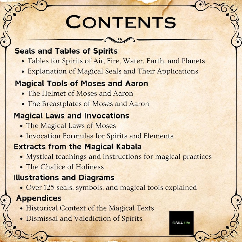 Table of contents for The Sixth and Seventh Books of Moses, listing magical tools, invocations, seals, and extracts from the mystical Kabala. A detailed digital reproduction from Osda Life.