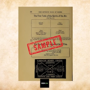 Another page sample from The Sixth and Seventh Books of Moses featuring mystical tables and diagrams, showcasing authentic vintage type. Stamped with "Sample" watermark. Digital product from Osda Life.