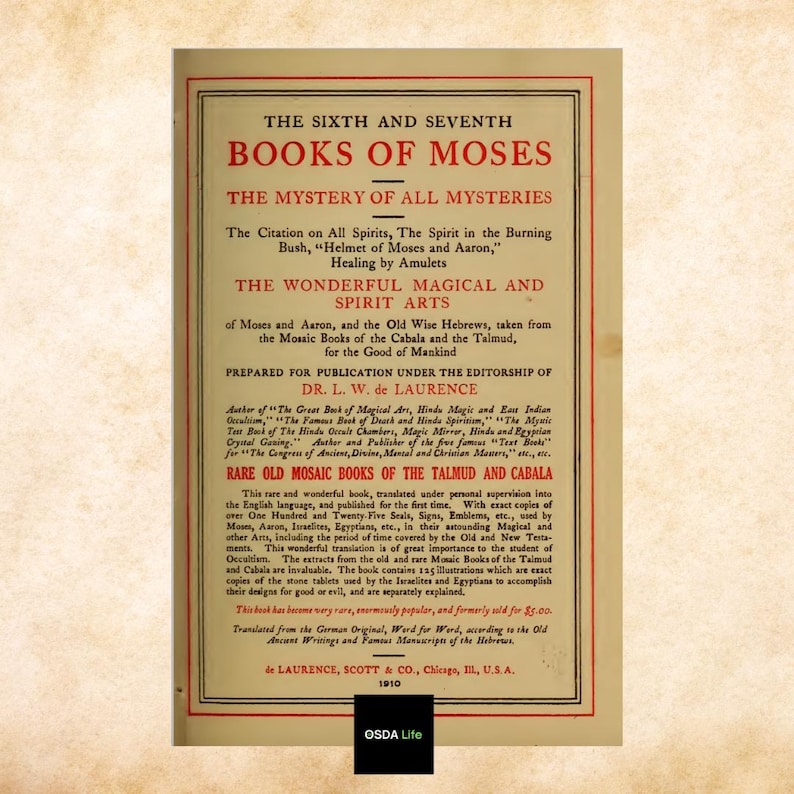 Title page of The Sixth and Seventh Books of Moses showcasing the classic 1910 design and historical typography. A glimpse into the vintage charm of this digital product from Osda Life.