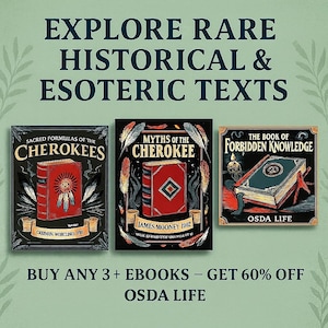 May include: Image features three vintage book covers with titles like "Sacred Formulas of the Cherokees" and "Myths of the Cherokee." The books have red covers with intricate designs and text. The image promotes ebooks with a discount.