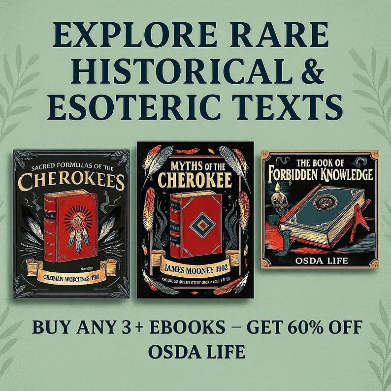 May include: Image features three vintage book covers with titles like "Sacred Formulas of the Cherokees" and "Myths of the Cherokee." The books have red covers with intricate designs and text. The image promotes ebooks with a discount.
