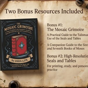 May include: A book titled "The Mosaic Grimoire" with a red and gold cover, set against a vintage paper background. The text includes "A Practical Guide to the Talismanic Use of the Seals and Tables." Additional resources are also included.