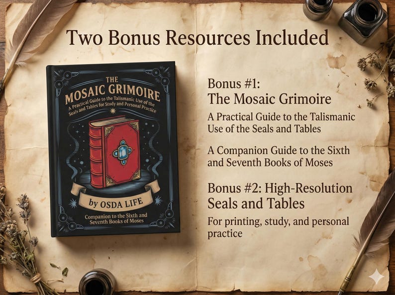 May include: A book titled "The Mosaic Grimoire" with a red and gold cover, set against a vintage paper background. The text includes "A Practical Guide to the Talismanic Use of the Seals and Tables." Additional resources are also included.