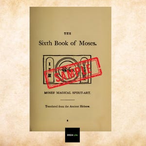 Page from The Sixth and Seventh Books of Moses detailing its mystical content, stamped with "Sample" watermark to indicate digital preview. Preserved faithfully in this e-book from Osda Life.