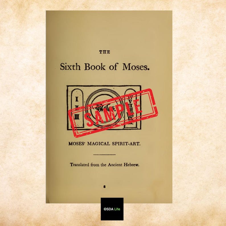 Page from The Sixth and Seventh Books of Moses detailing its mystical content, stamped with "Sample" watermark to indicate digital preview. Preserved faithfully in this e-book from Osda Life.