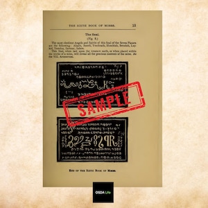 Another page sample from The Sixth and Seventh Books of Moses featuring mystical tables and diagrams, showcasing authentic vintage type. Stamped with "Sample" watermark. Digital product from Osda Life.