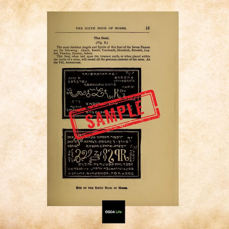 Another page sample from The Sixth and Seventh Books of Moses featuring mystical tables and diagrams, showcasing authentic vintage type. Stamped with "Sample" watermark. Digital product from Osda Life.